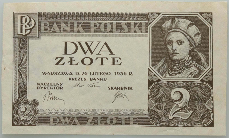 II RP, 2 złote 26.02.1936, bez oznaczenia serii, numeracji i poddruku Kilka drob...