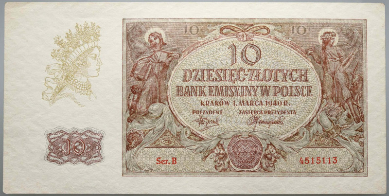 Generalna Gubernia, 10 złotych 1.03.1940 seria B Numer 4515113. Lekko zaokrąglon...