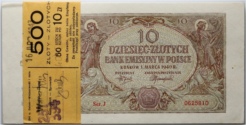 Generalna Gubernia, niepełna paczka bankowa, 40 x 10 złotych 1.03.1940, seria J ...