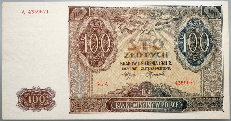 Generalna Gubernia, 100 złotych 1.08.1941, seria A Numer 43599671. Złamany górny...