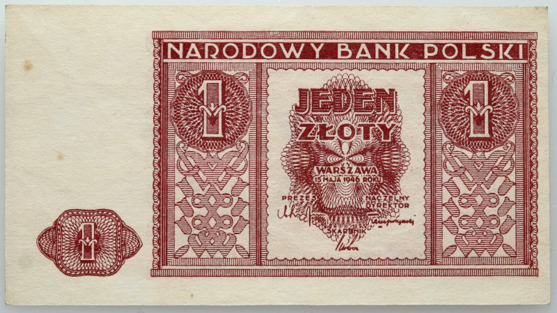 PRL, 1 złoty 15.05.1946 Minimalnie zaokrąglone narożniki, kilka drobnych plamek....