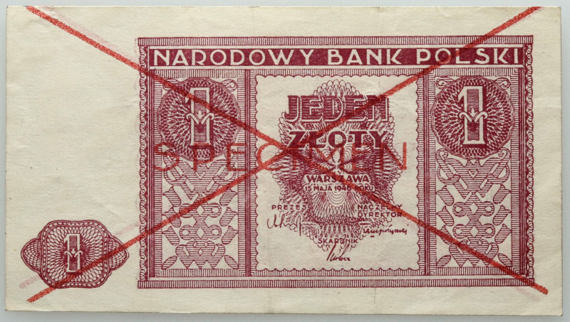 PRL, 1 złoty 15.05.1946, SPECIMEN Trzy pionowe złamania. Reference: Miłczak 123W...