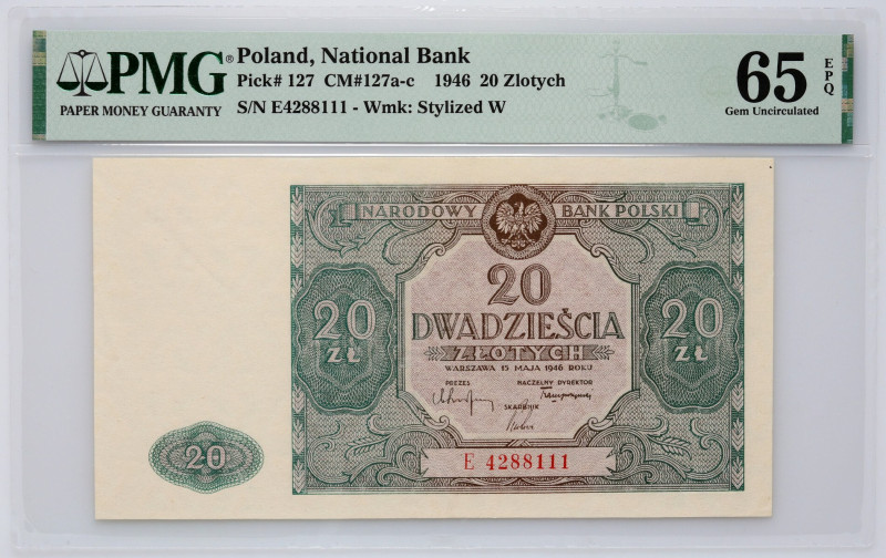 PRL, 20 złotych 15.05.1946, seria E Numer 4288111.
Reference: Miłczak 127c
Gra...