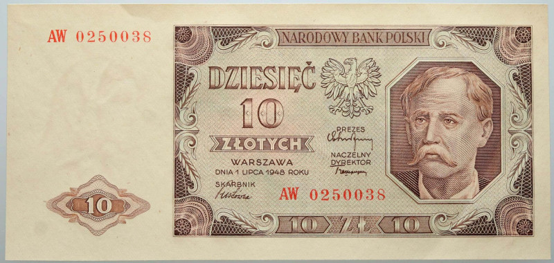 PRL, 10 złotych 1.07.1948, seria AW Numer 0250038. Banknot bez złamań, ugięcie p...