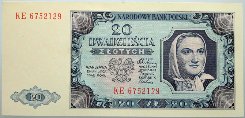 PRL, 20 złotych 1.07.1948, seria KE Numer 6752129. Nagniotka na górnym marginesi...