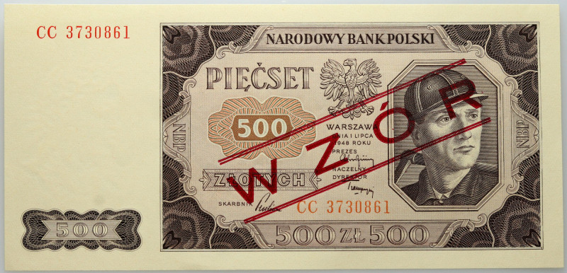 PRL, 500 złotych 1.07.1948, seria CC, WZÓR Numer 3730861. Nagniotka przy lewym g...