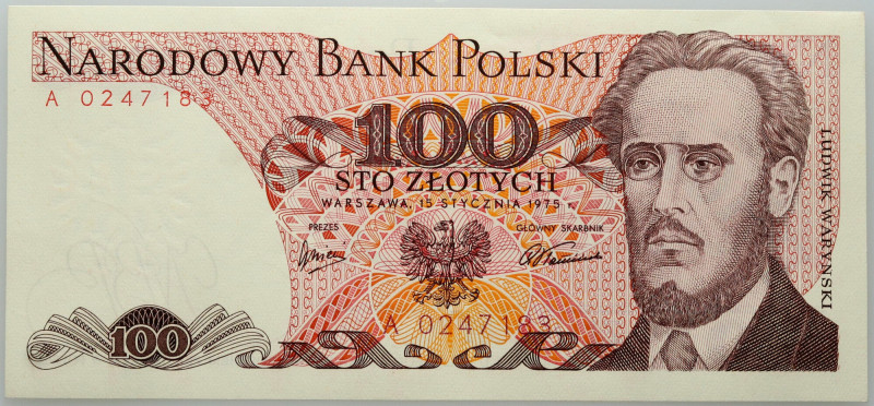 PRL, 100 złotych 15.01.1975, seria A Numer 0247183. Delikatne ugięcie papieru na...