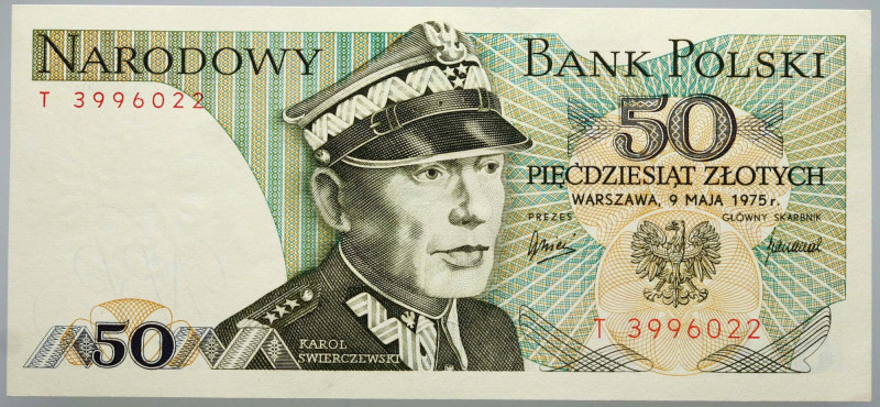 PRL, 50 złotych 9.05.1975, seria T Numer 3996022. Dwa ugięcia przez środek. Refe...