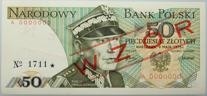 PRL, 50 złotych 9.05.1975, WZÓR, No. 1711, seria A Numer 0000000. Reference: Mił...