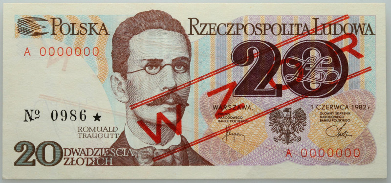 PRL, 20 złotych 1.06.1982, WZÓR, No. 0986, seria A Numer 0000000. Drobne ugięcie...