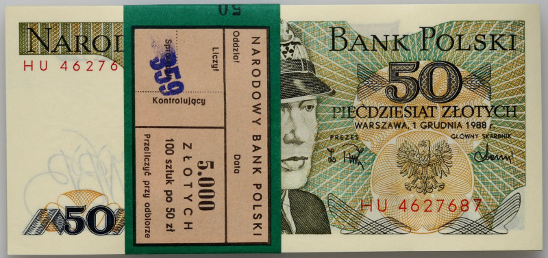 PRL, 50 złotych 1.12.1988, seria HU, paczka bankowa Oryginalna paczka bankowa za...