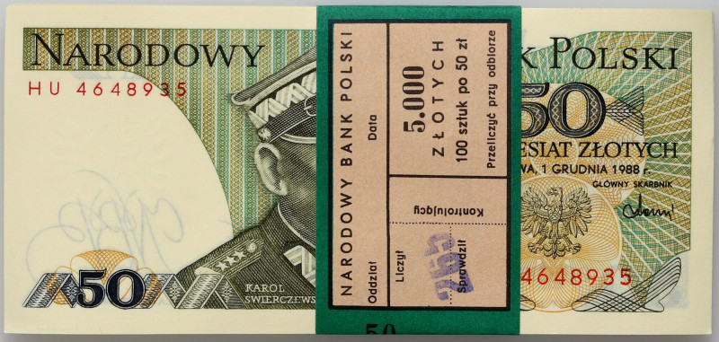 PRL, 50 złotych 1.12.1988, seria HU, paczka bankowa Oryginalna paczka bankowa za...