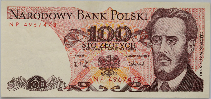 PRL, 100 złotych 1.12.1988, seria NP, błąd drukarski Numer 4967473. Brak odstępu...