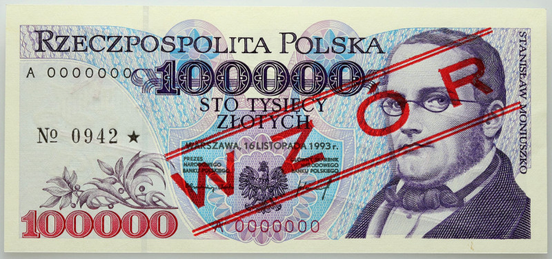 III RP, 100000 złotych 16.11.1993, WZÓR, No. 0942, seria A Numer 0000000. Niewie...