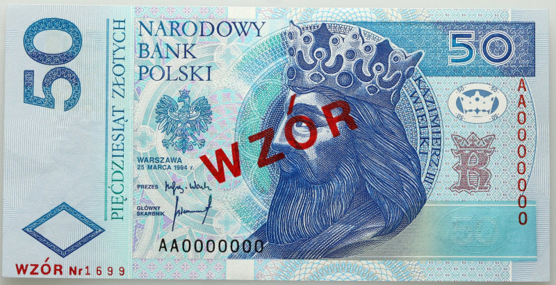 III RP, 50 złotych 25.03.1994, WZÓR, No. 1699, seria AA Numer 0000000. Reference...