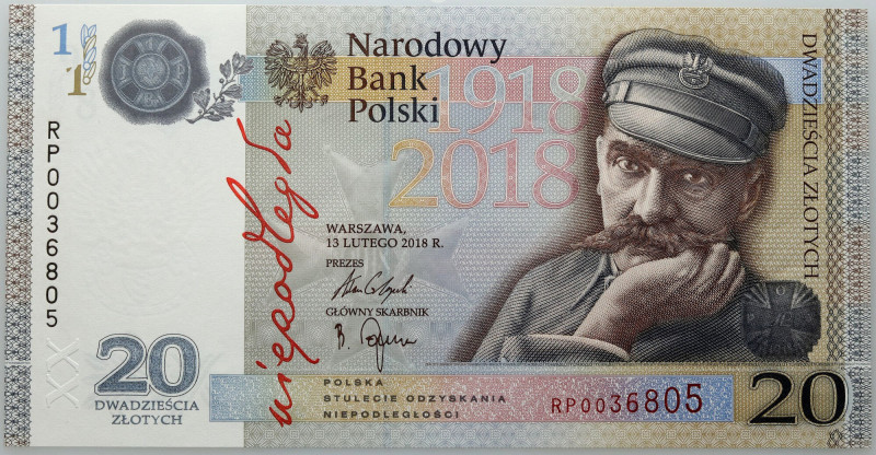 III RP, 20 złotych 2018, 100-lecie odzyskania Niepodległości, Józef Piłsudski, s...