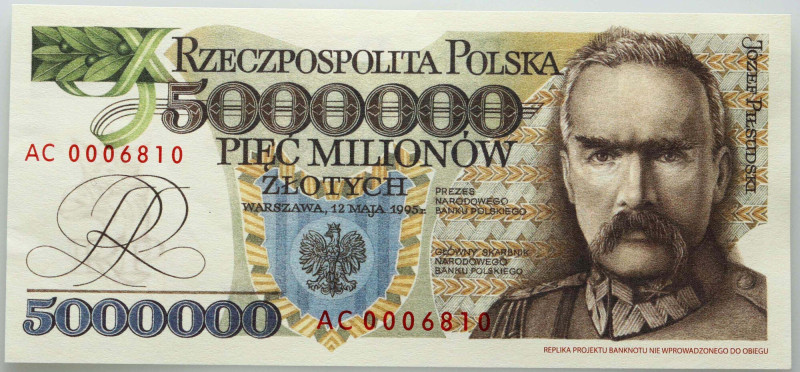 III RP, 5000000 złotych 1995, Józef Piłsudski, replika projektu banknotu, seria ...