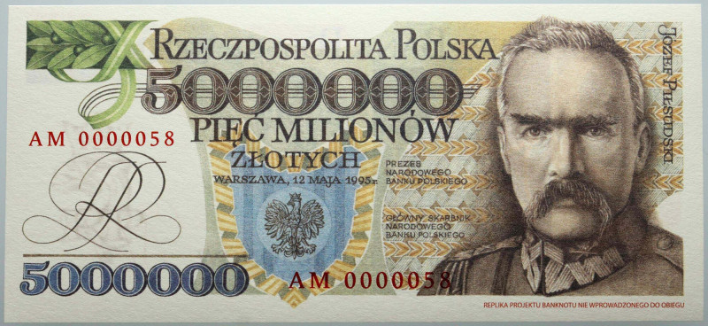 III RP, 5000000 złotych 1995, Józef Piłsudski, replika projektu banknotu, seria ...