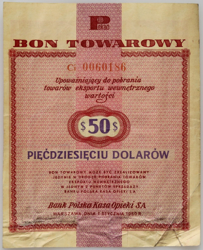 PRL, bon towarowy 50 dolarów, Pekao, 1.01.1960, seria Ci Numer 0060186. Wymiary ...