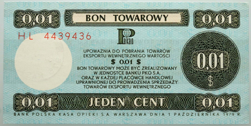 PRL, bon towarowy 1 cent, Pekao, 1.10.1979, seria HL Numer 4439436. Reference: M...