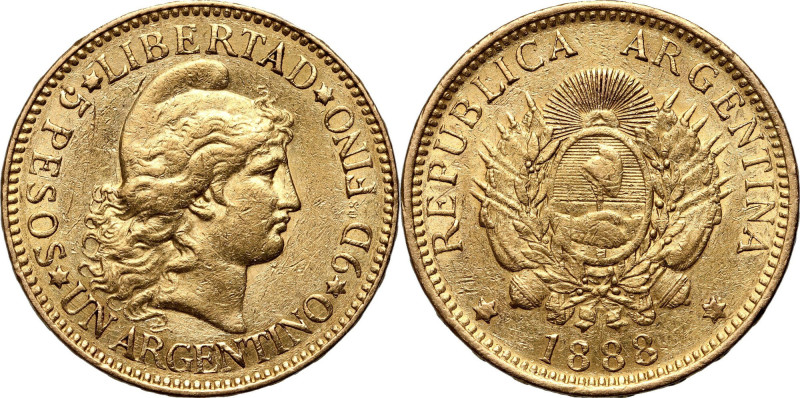 Argentina, Argentino 1888 Gold 8,03 g.
 Złoto 8,03 g.
Reference: KM #31
Grade...