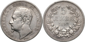 Bulgaria, Ferdinand I, 5 Leva 1892