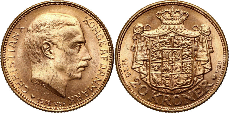 Denmark, Christian X, 20 Kroner 1914 VBP, Copenhagen Gold 8,95 g.
 Złoto 8,95 g...