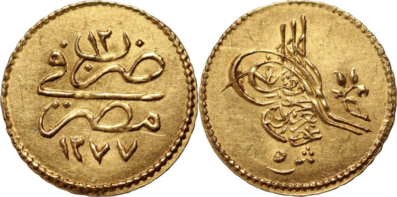 Egipt, Abdulaziz, 5 Qirsh AH1277/12 (1871) Gold 0,42 g. Złoto 0,42 g. Reference:...