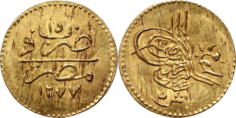 Egipt, Abdulaziz, 5 Qirsh AH1277/15 (1874) Gold 0,44 g. Złoto 0,44 g. Reference:...
