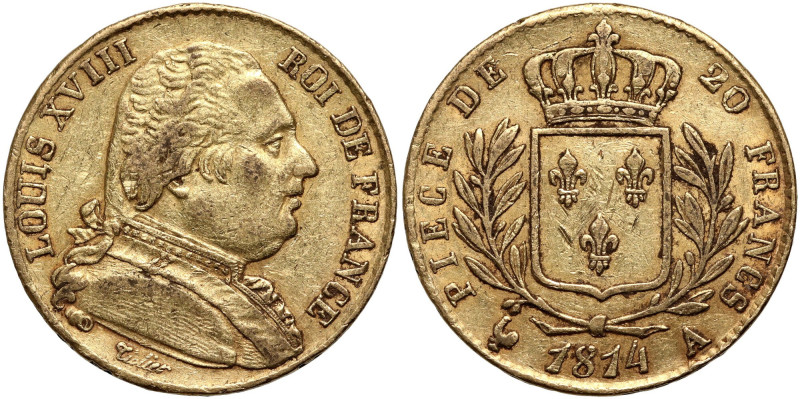 France, Louis XVIII, 20 France 1814 A, Paris Gold 6,41 g.
 Złoto 6,41 g.
Refer...