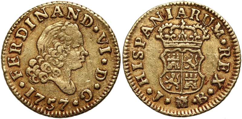 Spain, Ferdinand VI, 1/2 Escudo 1757 M-JB, Madrid Gold 1,74 g.
 Złoto 1,74 g.
...