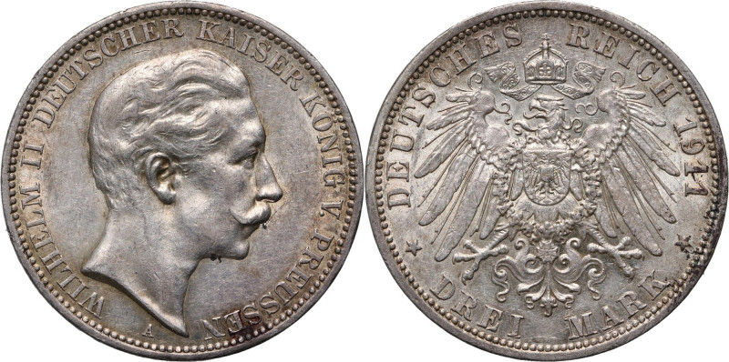 Germany, Prussia, Wilhelm II, 3 Mark 1911 A, Berlin Ładnie zachowane. Reference:...