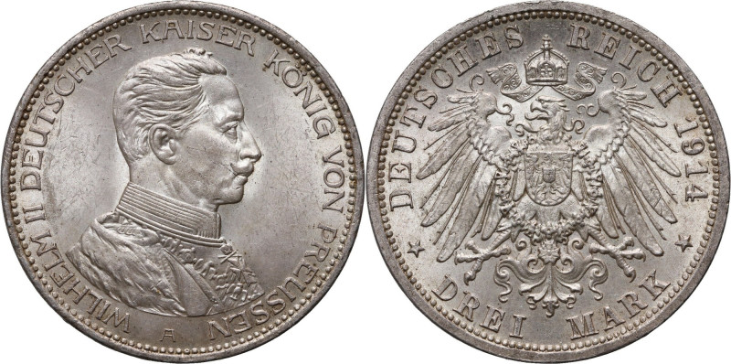 Germany, Prussia, Wilhelm II, 3 Mark 1914 A, Berlin Bardzo ładnie zachowane. Ref...