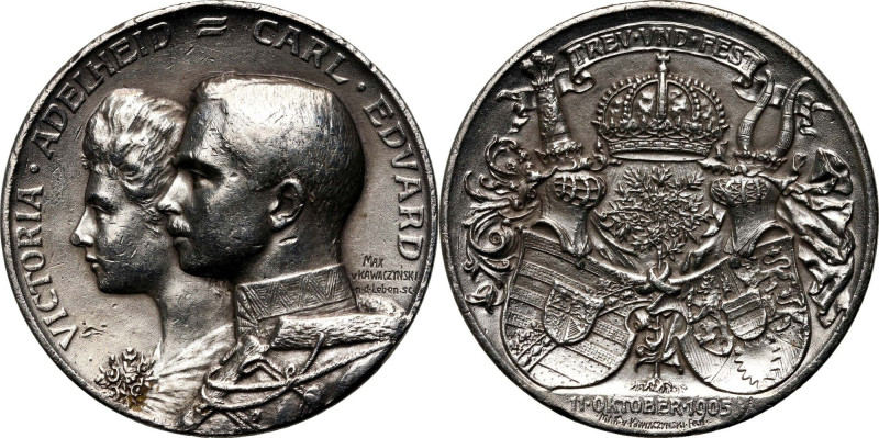 Germany, Saxony-Coburg-Gotha, Carl Eduard, silver wedding medal 1905 By Max Kawa...