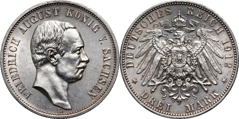 Germany, Saxony, Friedrich August III, 3 Mark 1912 E, Muldenhütten Bardzo ładne....