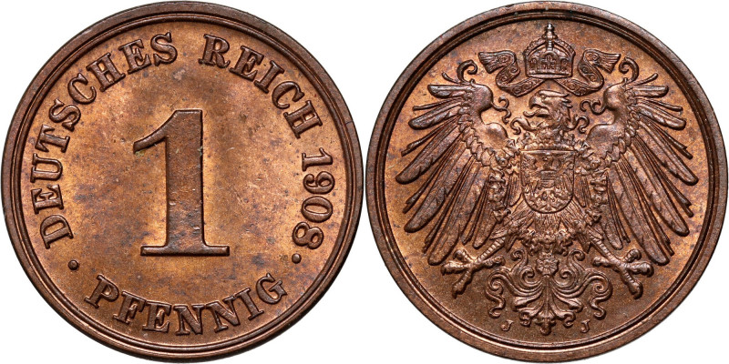 Germany, 1 Pfennig 1908 J, Hamburg Impressive coin. Menniczy egzemplarz. Referen...