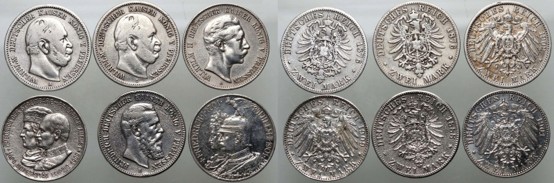 Germany, Saxony and Prussia, lot of 6 x 2 Mark Total weight: 65,60 g. Łączna wag...