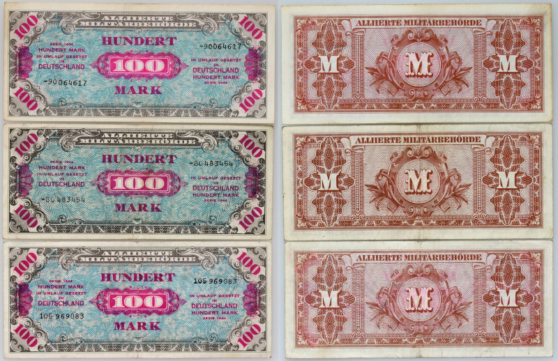 Germany, Allied Occupation, lot, 3 x 100 Mark 1944 
Grade: VF/F 

Germany