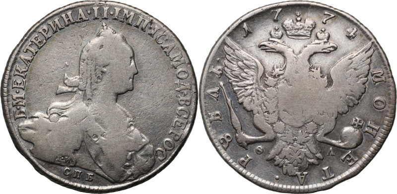 Russia, Catherine II, Rouble 1774 СПБ ФЛ, St. Petersburg Reference: Bitkin 218
...