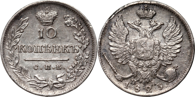 Russia, Alexander I, 10 Kopecks 1823 СПБ ПД, St. Petersburg Tiny rim damage. Dro...