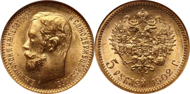 Russia, Nicholas II, 5 Roubles 1902 (АР), St. Petersburg Gold. Very attractive c...