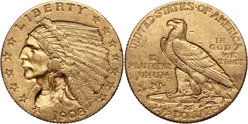 USA, 2 1/2 Dollars 1908, Philadelphia, Indian head Gold 4,16 g.
 Złoto 4,16 g....