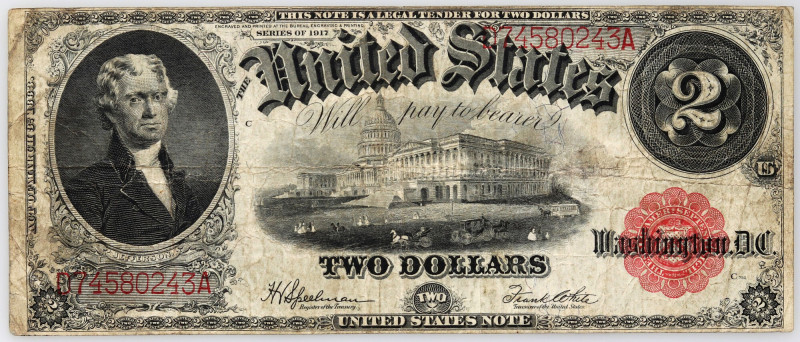 USA, 2 Dollars 1917, Legal Tender Number D74580243A. Signatures: Speelman and Wh...