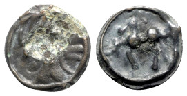 Celtic, Northwest Gaul. Senones, c. 100-50 BC. Potin Unit (18mm, 2.94g, 9h). Head l. R/ Horse prancing l. D&T 2653. Metal-flaw on obv., VF