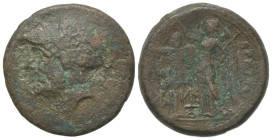 Bruttium, The Brettii, c. 214-211 BC. Æ Double (25mm, 13.43g, 3h). Bearded head of Ares l., wearing crested Corinthian helmet. R/ Nike standing l., cr...