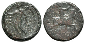 Sicily, Himera, c. 425-409 BC. Æ Hemilitron (20mm, 6.39g, 9h). Pan, blowing into conch shell and holding lagobolon, riding goat springing r.; helmet b...