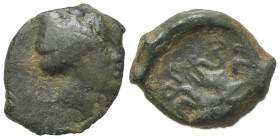 Sicily, Syracuse, c. 435-415 BC. Æ Onkia (12mm, 1.46g, 6h). Head of Arethusa r.; dolphin behind. R/ Octopus. CNS II, 10; SNG ANS 384; HGC 2, 1434. Off...