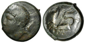 Sicily, Syracuse, 344-317 BC. Æ (18mm, 4.39g, 3h). Laureate head of Apollo l. R/ Pegasos flying l. CNS II, 85; SNG ANS -; HGC 2, 1486. Overstruck, nea...