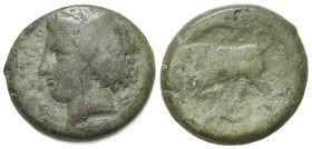Sicily, Syracuse. Agathokles (317-289 BC). Æ Hemilitron (22mm, 10.47g, 1h), c. 317-310. Head of Kore l., wearing wreath of grain ears; poppy to r. R/ ...