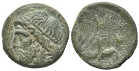 Sicily, Syracuse. Hieron II (275-215 BC). Æ (19mm, 6.25g, 10h). Head of Poseidon l., wearing tainia. R/ Ornamented trident head flanked by two dolphin...